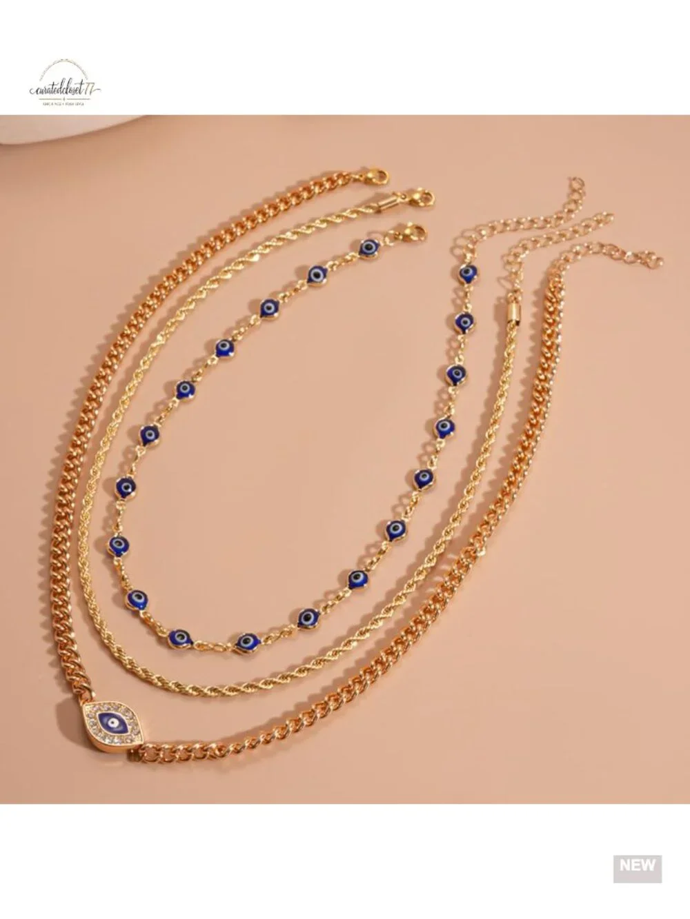 3 Layered Necklace Set Gold Plated Cuban Rope Chain Evil Eye Boho Protection
